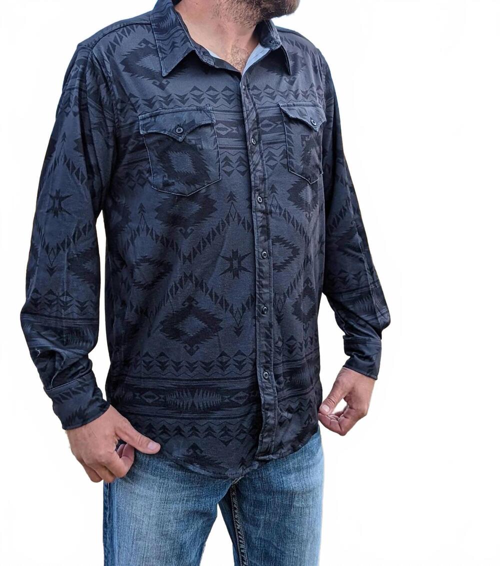 NEW ROCK & ROLL DENIM aztec edge button up shirt in blue